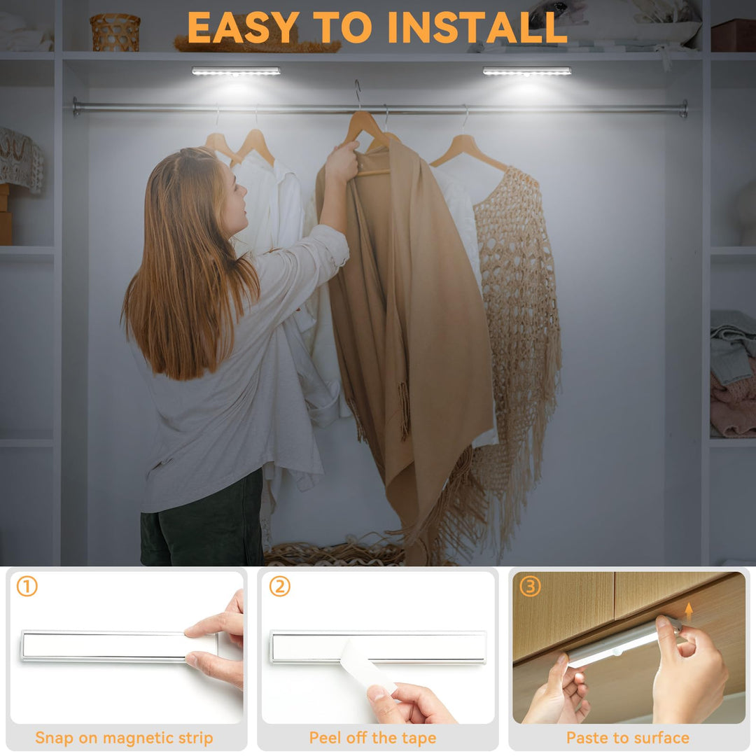Under Cabinet Lighting, USB Rechargeable Motion Sensor Closet Light, Wireless Magnetic Stick-on Cordless 10 LED Night Light Bar for Closet Cabinet Wardrobe Stairs, 2 Pack