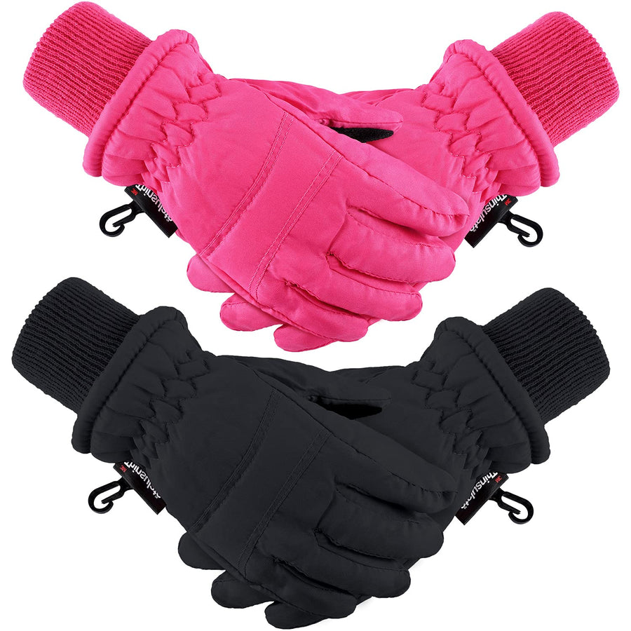 2 Pairs Kids Winter Ski Gloves Waterproof Warm Snow Mittens Full Finger Gloves for Toddlers Infants (Black, Rose Red, 1-3 Years)