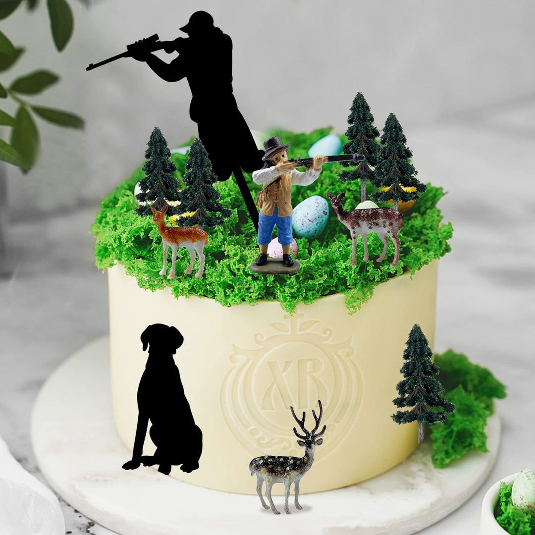 11 PCS Deer Hunting Cake Topper Tree Deer Hunter Cake Decorations for Kids Boy Girl Men Birthday Party Hunting Theme Party Decoration