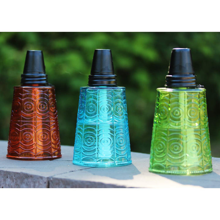 Citronella Table Top Torches for Outdoor Patio, 16oz Decorative Glass Torch Citronella Oil Candles for Outside Deck, Garden, Parties, Set of 3, Blue/Amber/Green