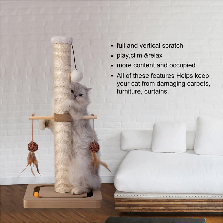 Cat Scratching Post Premium Sisal Scratch Posts with Tracking Interactive Toys Vertical Scratcher for Indoor Cats and Kittens- 25 inches Beige