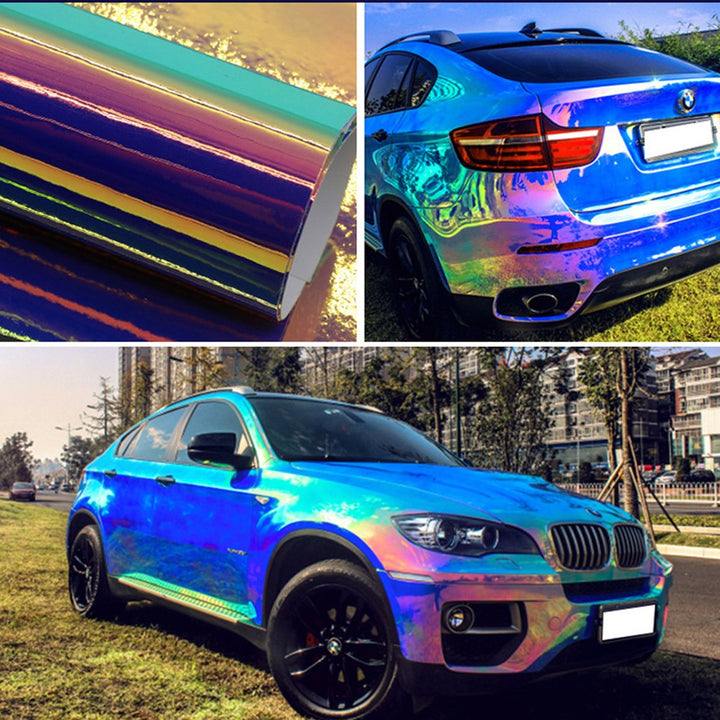 AuMoHall Holographic Laser Blue Car Vinyl Wrap Gloss Color Change DIY Air-Release Adhesive Film Rainbow Finish Roll, 53'' x 23.6''