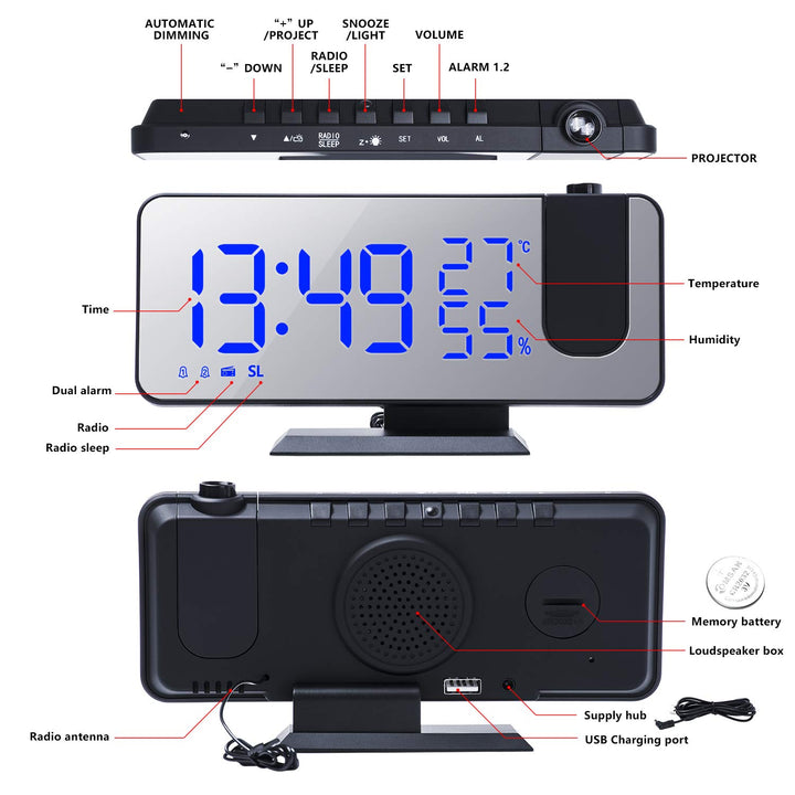 Number-One Projection Digital Alarm Clock for Bedrooms, FM Radio Alarm Clock, 7.5' Dual Alarms with Snooze, USB Charging Port, Temperature & Humidity Display, 180° Rotable, 4 Dimmer, 12/24 Hours