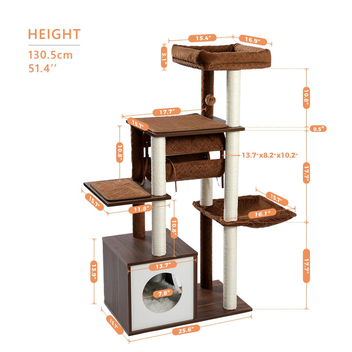 51.4 Inches Modern Cat Tree Premium 6 Levels Wooden Cat Tower with Fully Sisal Covered Scratching Posts, Cozy Condo, Spacious Perch, Super Large Hammock and Swing Tunnel for Indoor Cats Brown