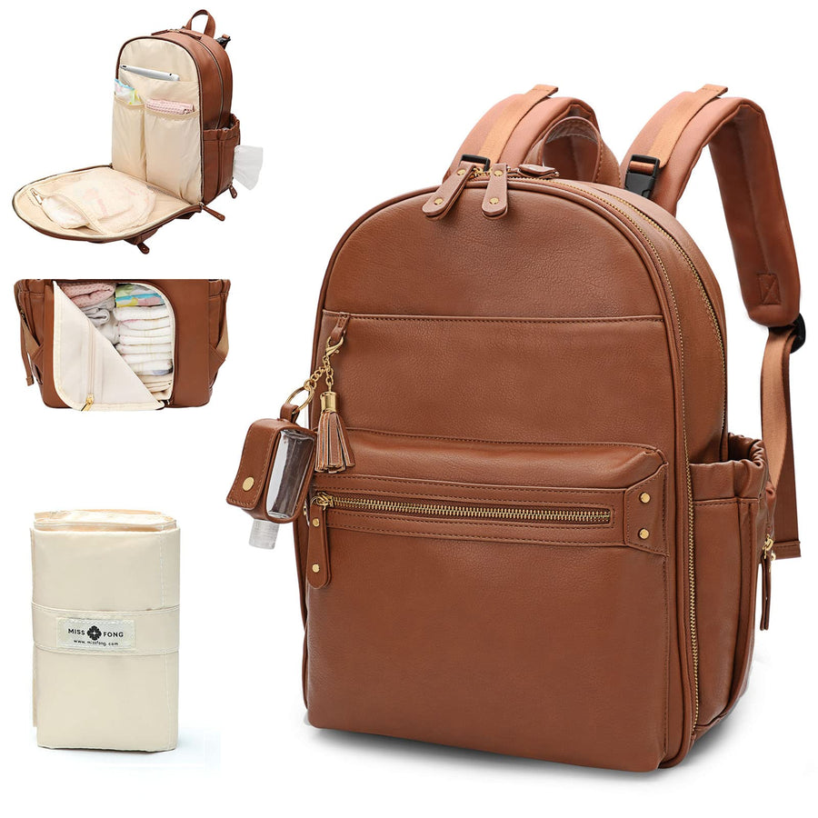 Diaper Bag, Diaper Bag Backpack, Baby Diaper Bag, Leather Diaper Bag Backpack with Changing Pad & Stroller Strap,Multi-function Large Capacity & Waterproof Travel Backpack, Brown