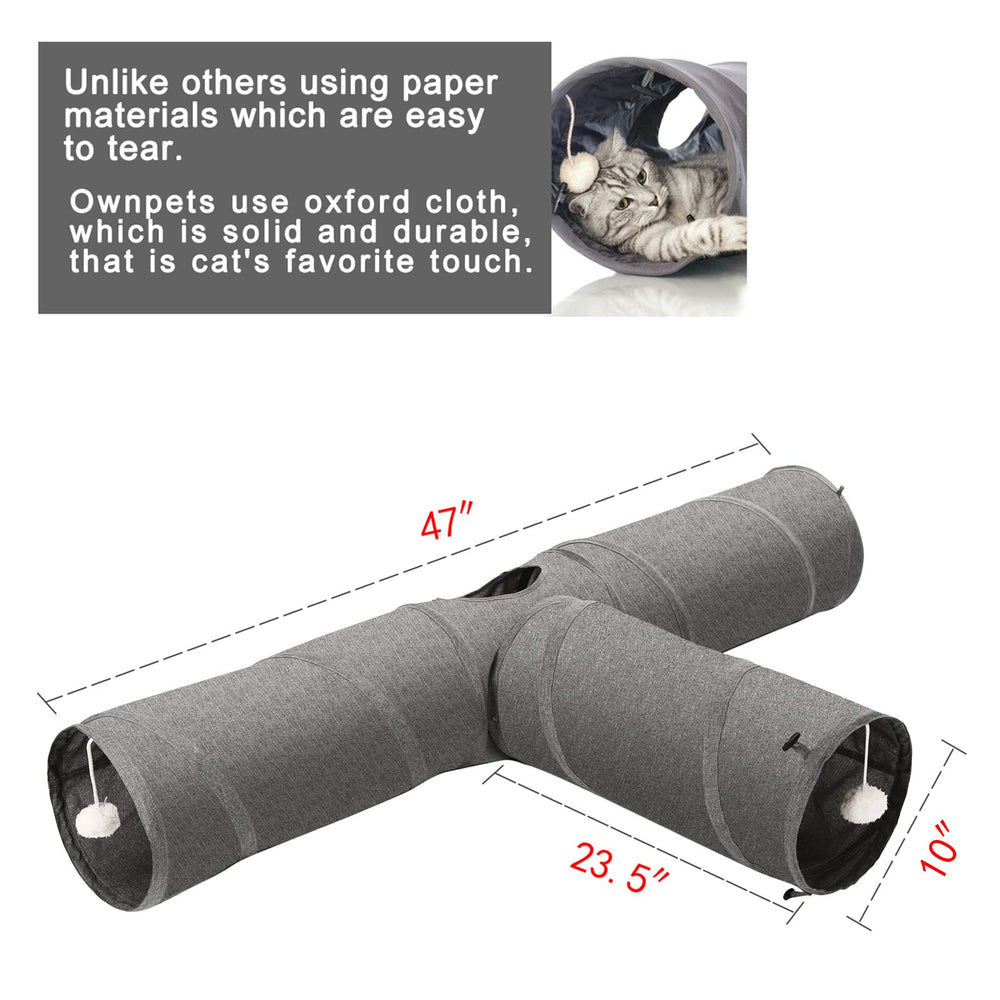 Cat Tunnel, 3 Way Collapsible Kitty Tunnel 47 inch Long Cat Tube with Plush Ball & Feather Toy, Cat Play Tunnel for Indoor Cat, Kitten, Rabbit