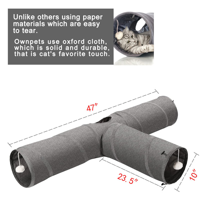 Cat Tunnel, 3 Way Collapsible Kitty Tunnel 47 inch Long Cat Tube with Plush Ball & Feather Toy, Cat Play Tunnel for Indoor Cat, Kitten, Rabbit