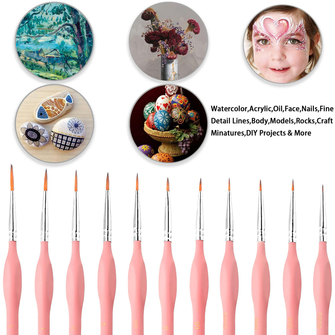 Detail Paint Brush Set, miniature paint brushes,11pcs Fine Tip Paint Brushes for Acrylic Painting Watercolor, Oil, Face, Nail, Scale Model Painting, Line Drawing (Pink)