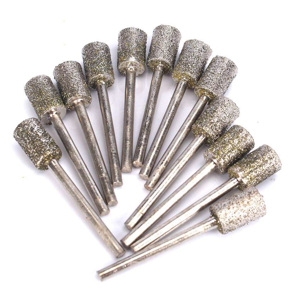 12Pcs 8mm Head Cylindrical Diamond Coated Mounted Wheel Points Grinding Rotary Bit grit 46# with 3mm Shank for Rotary Tool