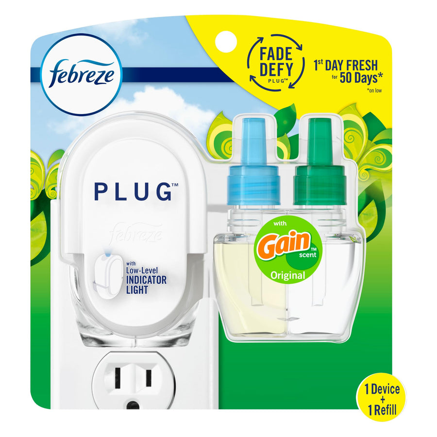 Plug in Air Freshener, Odor-Fighting Scented Oil Starter Kit, Air Fresheners for Home and Bathroom and Kitchen, Long Lasting for Strong Odors, Gain Original Scent, Warmer + 1 Refill