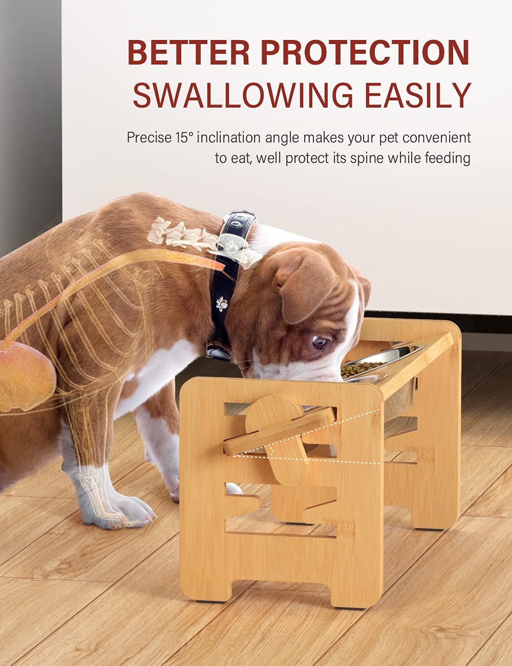 Elevated Dog Bowls, Adjustable Raised Dog Bowl Stand for Small Puppy and Cats, Sturdy Bamboo Pet Food Feeder with 2 Stainless Steel Dishes, Natural