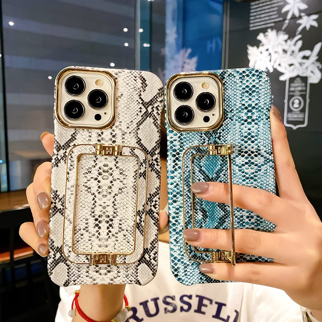 Compatible with Cute Phone 13 Pro Max Case with Stand,Luxury Snake Skin Case Protective and Tough Folding Bracket Case for Women Design for 13 Pro Max Case - 6.7 Inch (White)