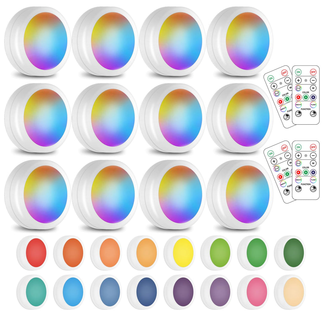 Wireless 16 Color Changing LED Puck Light 12 Pack LED Under Cabinet Lighting Closet Light Battery Powered Night Lights with Remote Control Dimmer & Timing Function
