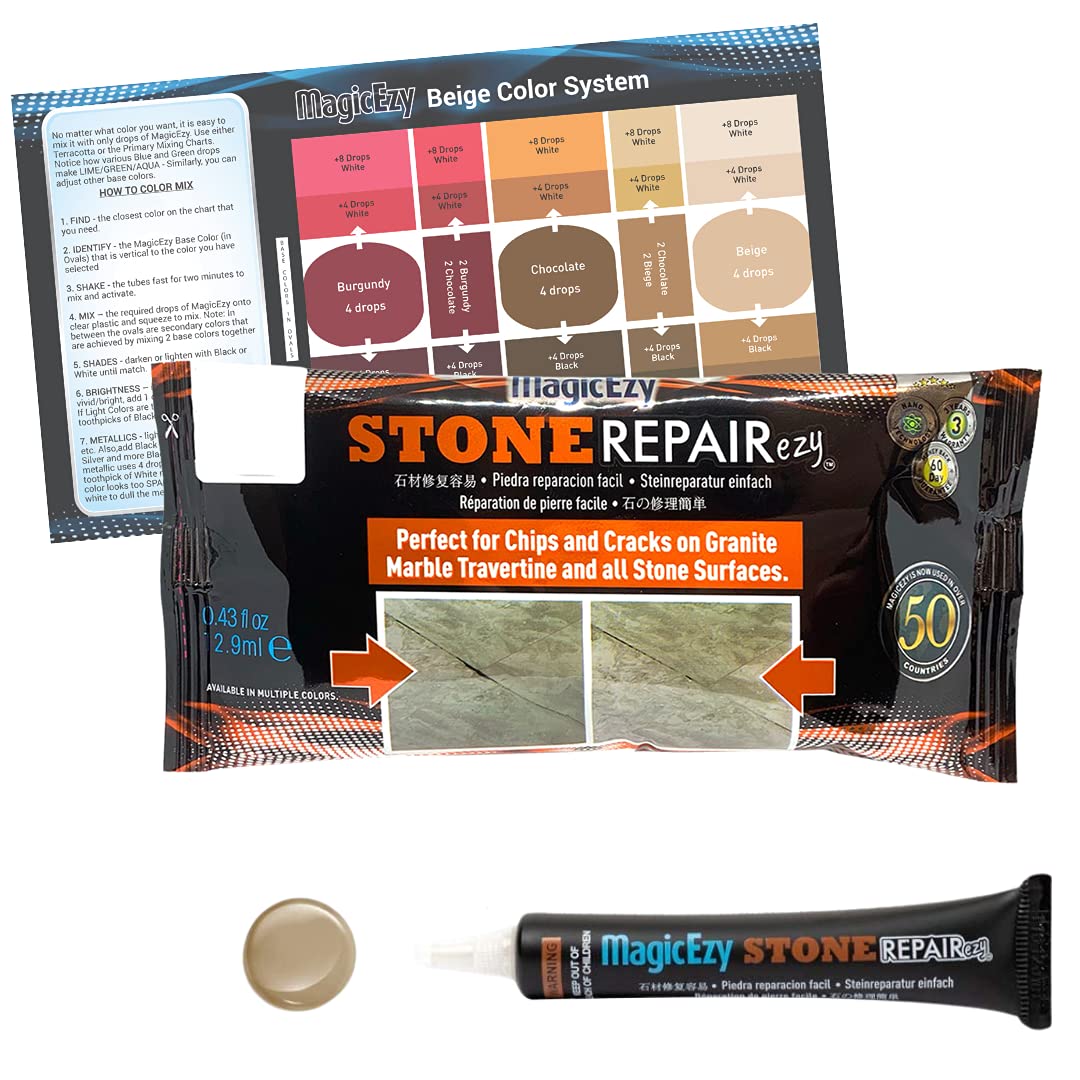 Stone Repairezy (Beige):- Granite, Marble, Travertine. Quartz - Repair Chipped, Cracked Floor Tiles, Countertops - Stone Repair Kit, Touch Up Filler