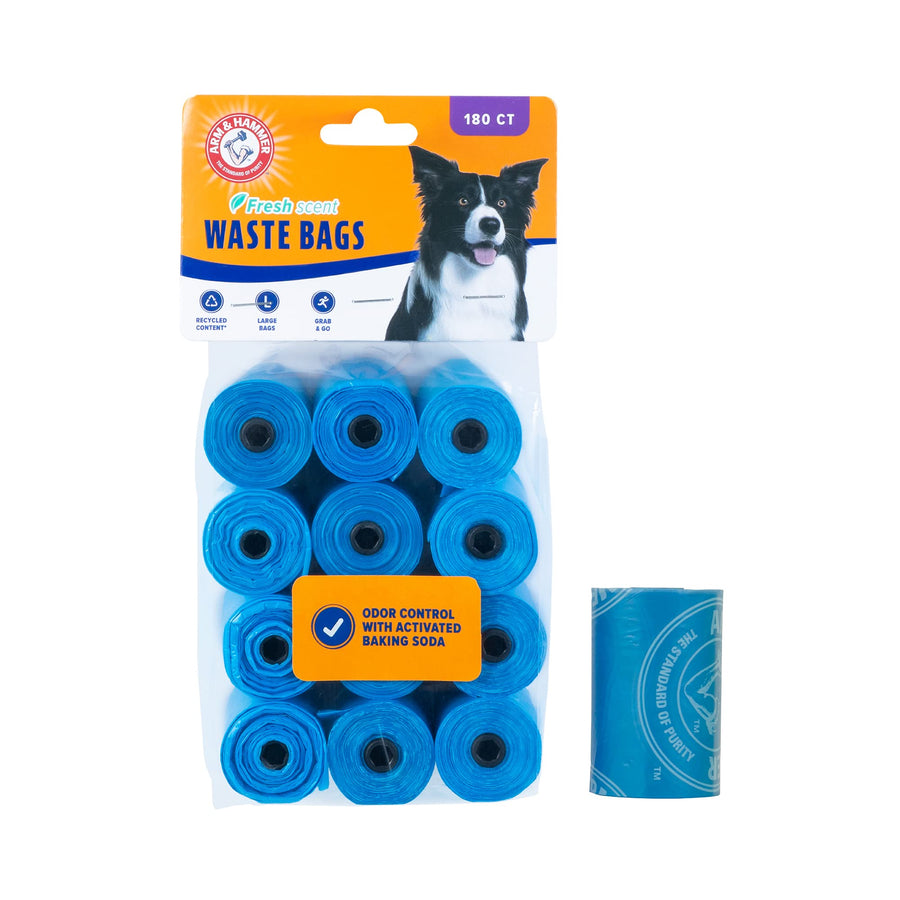 Durable Disposable Dog And Cat Waste Bags With Activated Baking Soda, 180 Dog Poop Bags, 9 x 14 Inches, Blue