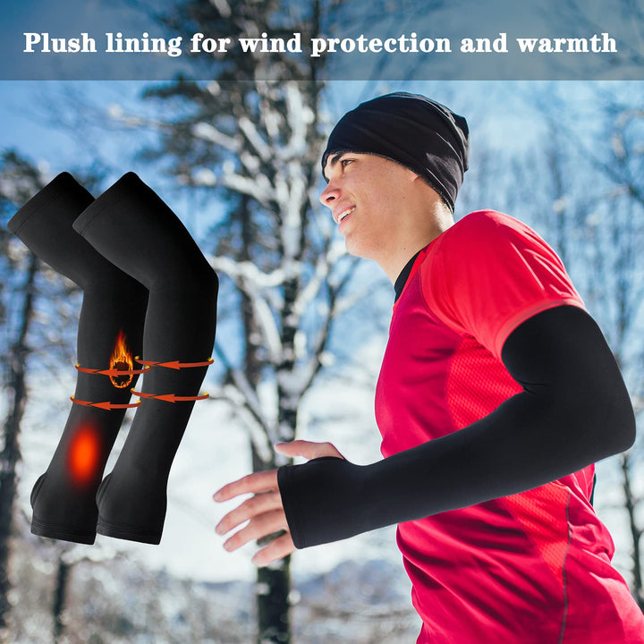 2 Pairs Arm Sleeves Warmer Cycling Thermal Arm Warmer Arm Sleeves Arm Winter Cover with Thumb Holes for Men Women(Black, Large)