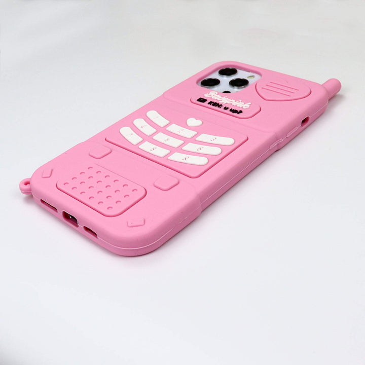 for iPhone 12 Pro Max Case, 3D Cartoon Cute Retro Love Heart Classic Cellular Phone Shaped Case, Kids Women Girls Soft Silicone Rubber Cover Case (Pink)