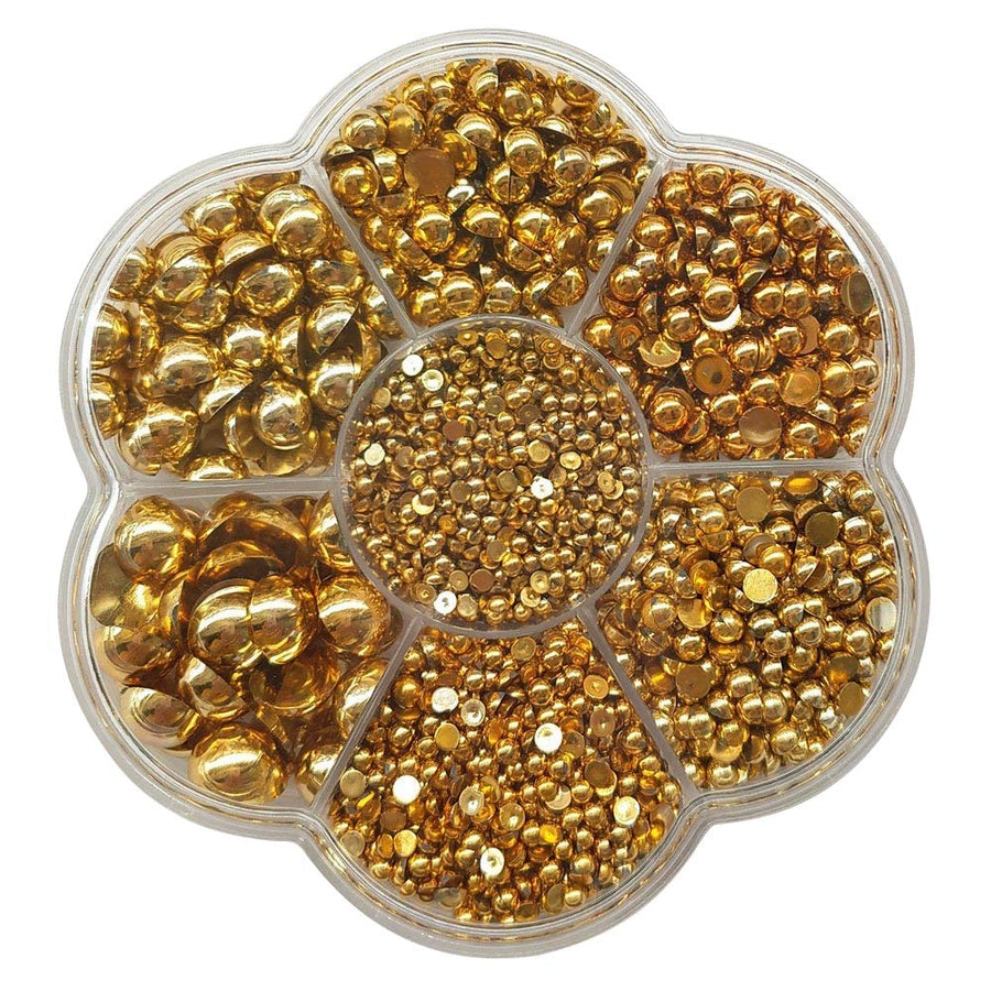 3000PCS 7 Sizes (2.5/3/4/5/6/8/10mm) 1 Box Gold Round Flatback Imitation Half Pearls Bead Loose Beads Gem (Gold Half Ball)