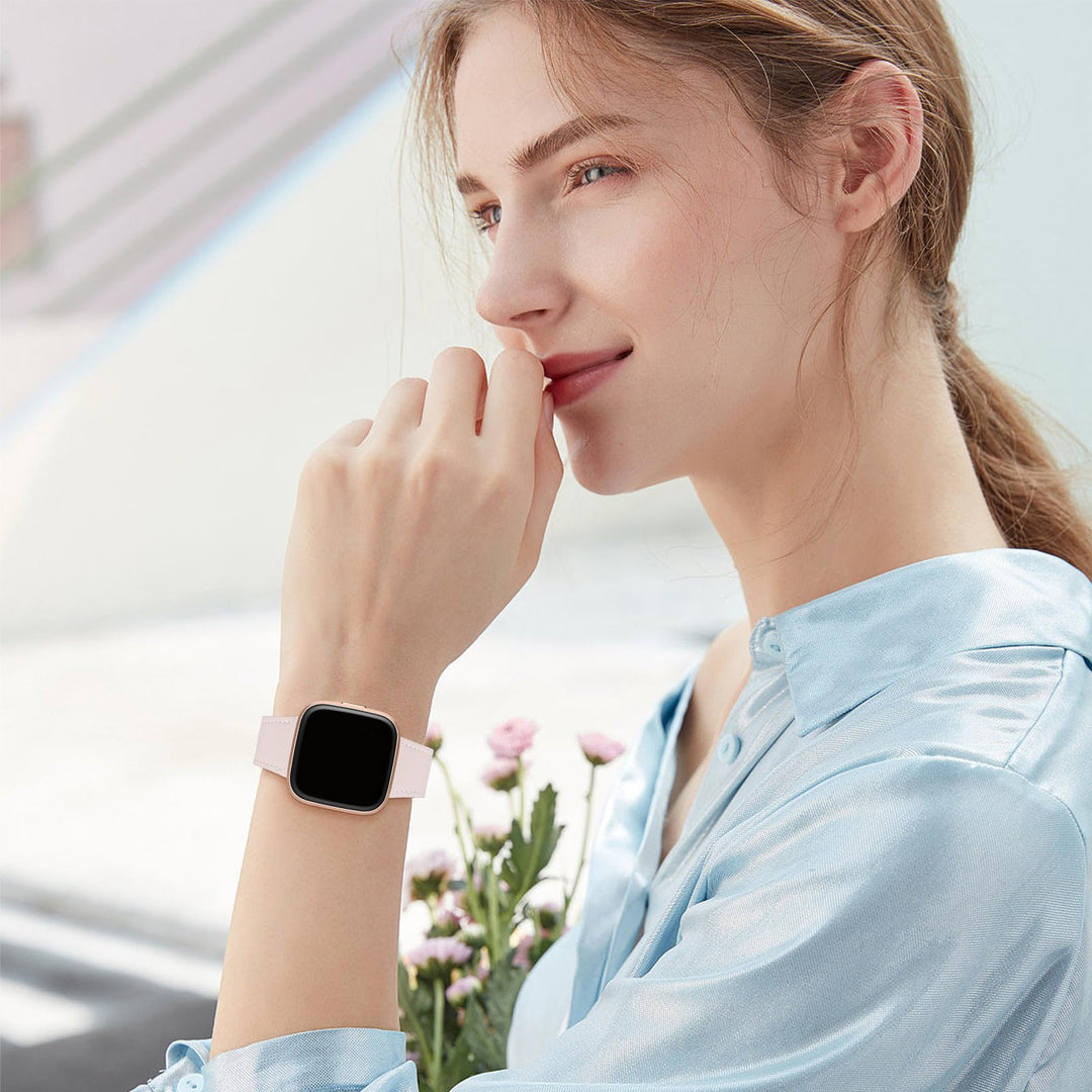 for Fitbit Versa Bands, Top Grain Leather Replacement Strap for Fitbit Versa/Versa 2 /Versa Lite/Versa SE Fitness Smart Watch (PinkSand Band+ Rosegold Buckle)