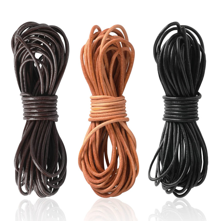3 Rolls 5.5 Yard X 2MM Cowhide Round Leather Cords Rope String for Jewelry Making Bracelet Necklace Jewelry Making Lanyards DIY Crafts, Black, Dark Brown, Natural Brown Genuine Leather Cord