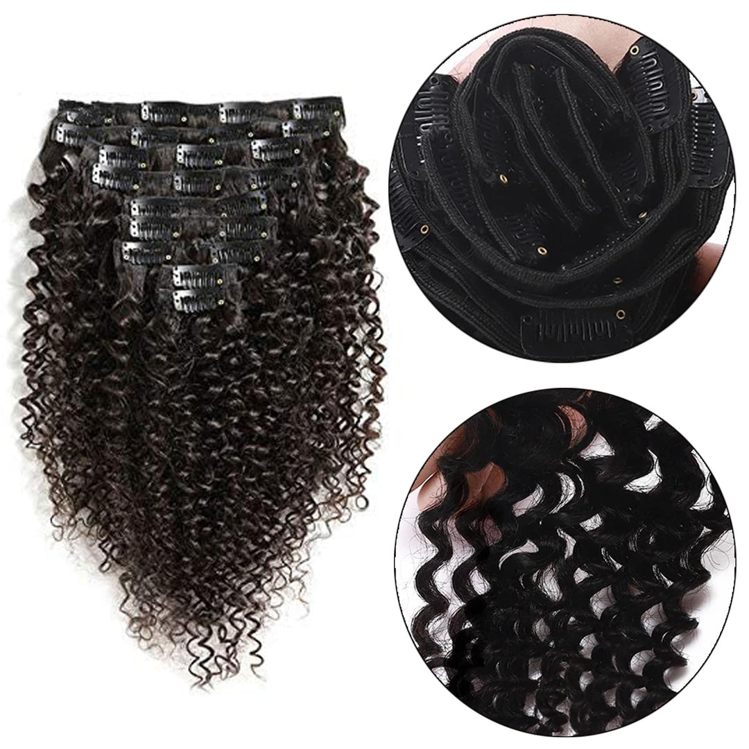 Afro Kinky Curly Hair Clip In Human Hair Extensions3A/ 3B /3C 100% Human Natural Black Color Hair Clip Ins Full Head Brazilian Virgin Remy Hair 8PC/Set 100G for Black Women (16INCH/40CM)