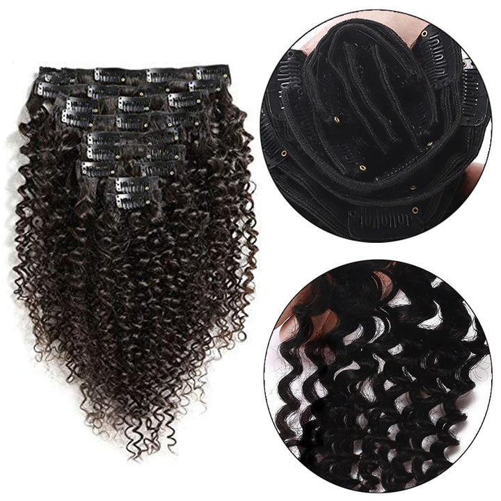 Afro Kinky Curly Hair Clip In Human Hair Extensions3A/ 3B /3C 100% Human Natural Black Color Hair Clip Ins Full Head Brazilian Virgin Remy Hair 8PC/Set 100G for Black Women (16INCH/40CM)