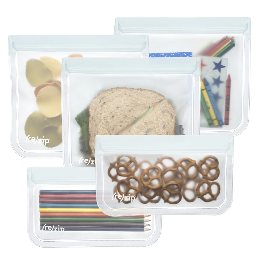 5-Piece Flat Lunch Reusable BPA-Free Food Grade Storage Bag Kit, Leakproof, Freezer Safe, Dishwasher Safe, Travel Friendly, (3) Lunch (3.5-Cup/28-Ounce), (2) Snack 1-Cup/8-Ounce, (Multicolor)