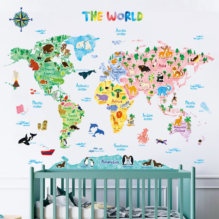 SG2-1615S Animal World Map Kids Wall Stickers Wall Decals Peel and Stick Removable Wall Stickers for Kids Nursery Bedroom Living Room (Large) décor