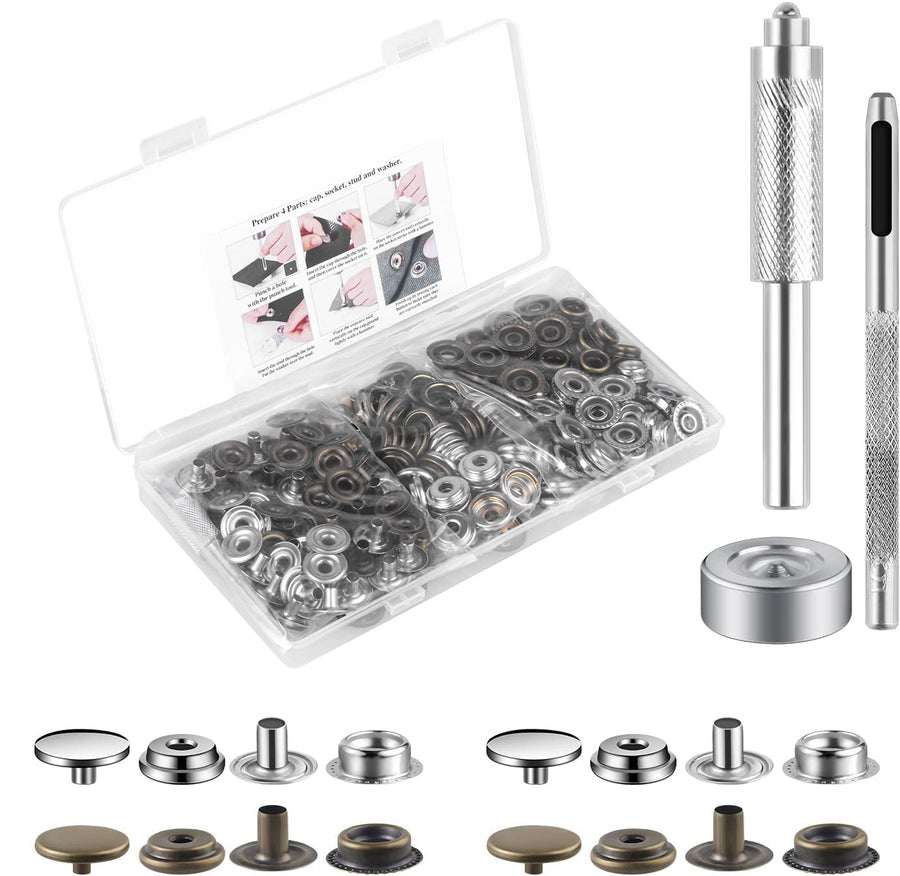 200 Pcs (50 Sets) Leather Snap Fastener Kit Tool 5/8 inches (15mm) Snaps for Leather Press Studs Stainless Snap Buttons for Bag, Jeans, Clothes, Fabric (Silver+Bronze)