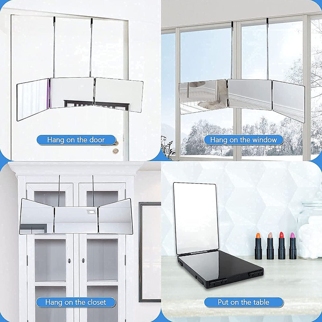Portable Trifold Mirror, 360° Barber Mirror, 3 Way Mirror with Adjustable Height Brackets to Self Hair Cutting and Styling, for Bathroom Bedroom Living Room