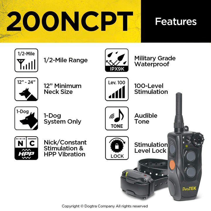 200NCPT Electronic Dog Training Collar with Remote for Small Dogs to Large Dogs - 2640 ft Range, Vibration, Tone, 100 Stimulation Levels, Safety Lock, Waterproof, Rechargeable, PetsTEK Edition