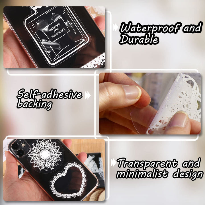 DREMISI 180Pcs Transparent Aesthetics Sticker Glassware Bottle Shape Stickers Lace Stickers PET Transparent Photo Frame Aesthetics Stickers for Scrapbook Journal Planner Diary Notebook Album, 6 Packs