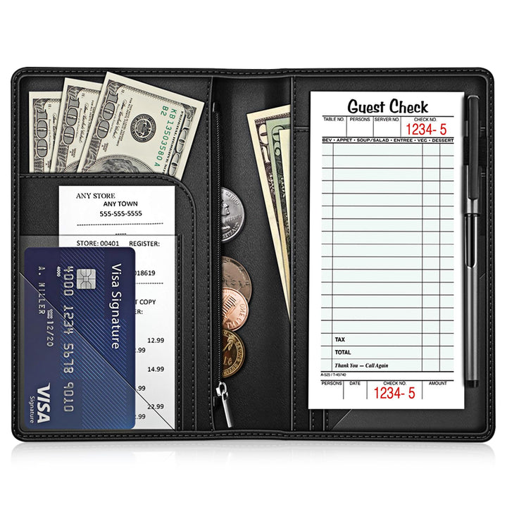 Server Book Organizer with Zipper Pocket, PU Leather Restaurant Guest Check Presenters Card Holder for Waitress, Waiter, Bartender (Black)