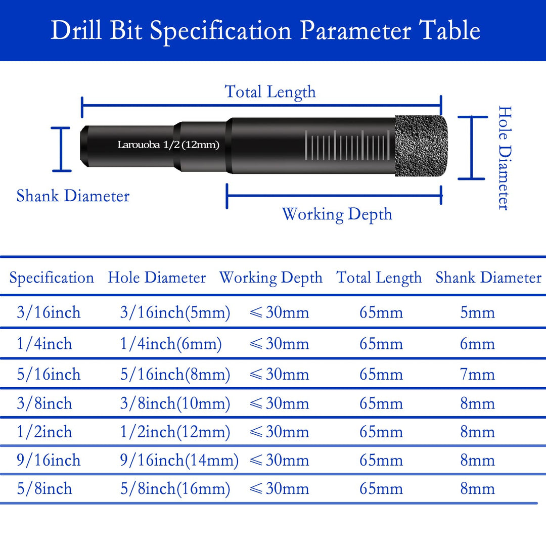 6PC Dry Diamond Drill Bits Set, Diamond Core Drill Bits for Tile Ceramic Granite Marble Porcelain Stone Glass Hard Materials (not for Wood) Round Shank 1/4, 5/16, 3/8, 1/2 inch.