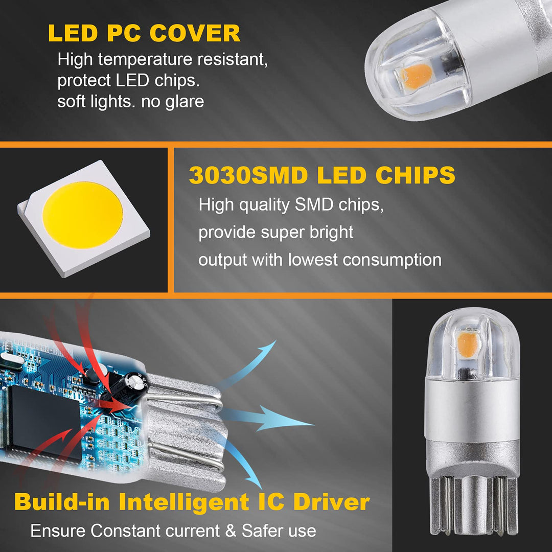 194 LED Bulbs Amber Yellow, Non-Polarity Extremely Bright 168 W5W Car Interior Lights, T10 LED Replacement Bulb for License Plate lights, Dome Map Light, Dashboard Lights