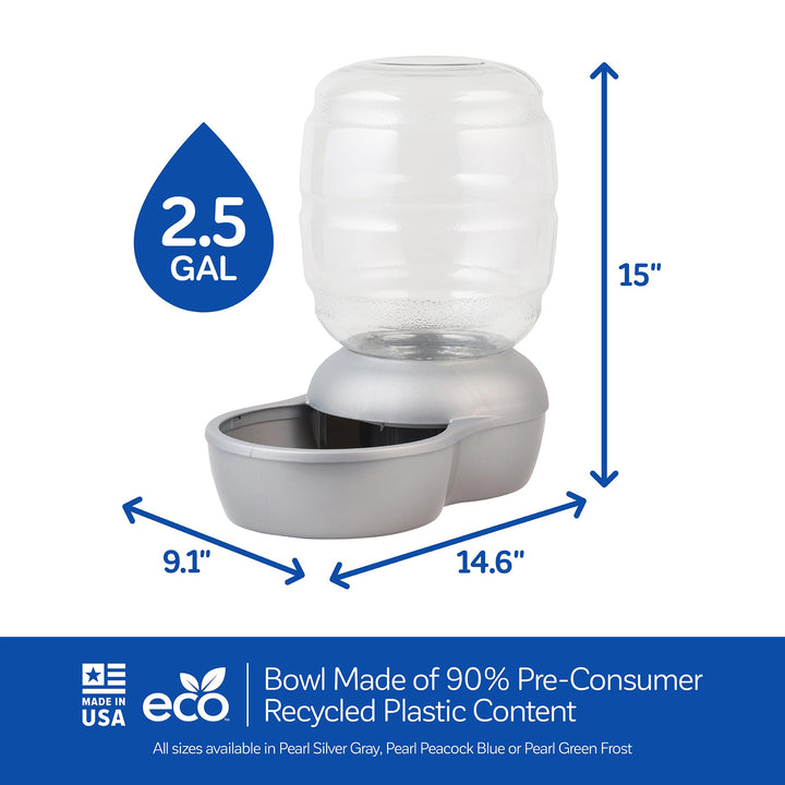 Replendish Automatic Gravity Waterer for Cats and Dogs, BPA-Free, No Batteries Required, Includes Charcoal Filter, 2.5 Gallons, Made in USA,Silver