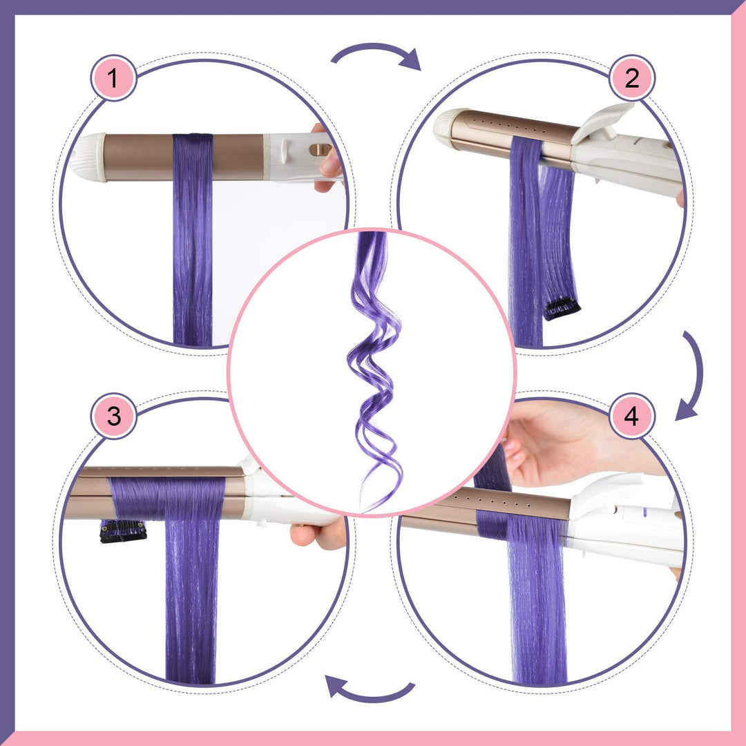 Colored Hair Extension, 12 PCS Purple Pink Hairpiece for Girls Princess Party Highlight Colorful Straight Hair Extensions Clip in Costumes Hair Piece for Girls Dolls, 20 inch