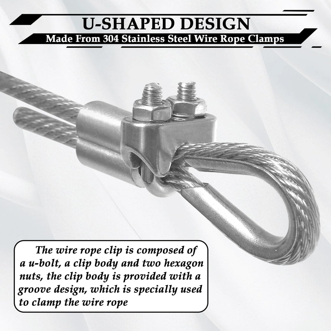 304 Stainless Steel Wire Rope Accessory Set M3 Cable Clamp Silver Thimble and Aluminum Crimping Loop for 1/8 Inch Wire Rope Cable Thimbles Rigging