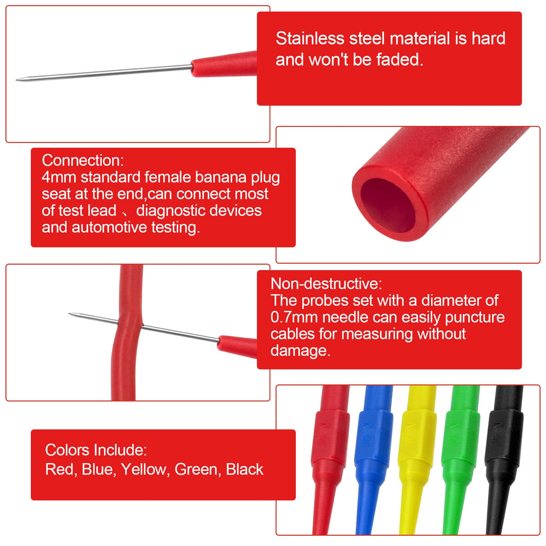 10 PCS 0.7mm Test Probe Pins, Non-Destructive Insulation Piercing Needle Testers, Stainless Steel Multimeter Probes for Banana Socket Plug, Car Test, Automotive Repairing