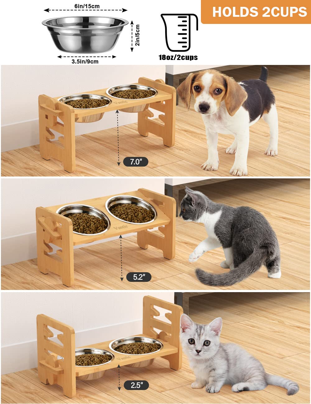 Elevated Dog Bowls, Adjustable Raised Dog Bowl Stand for Small Puppy and Cats, Sturdy Bamboo Pet Food Feeder with 2 Stainless Steel Dishes, Natural