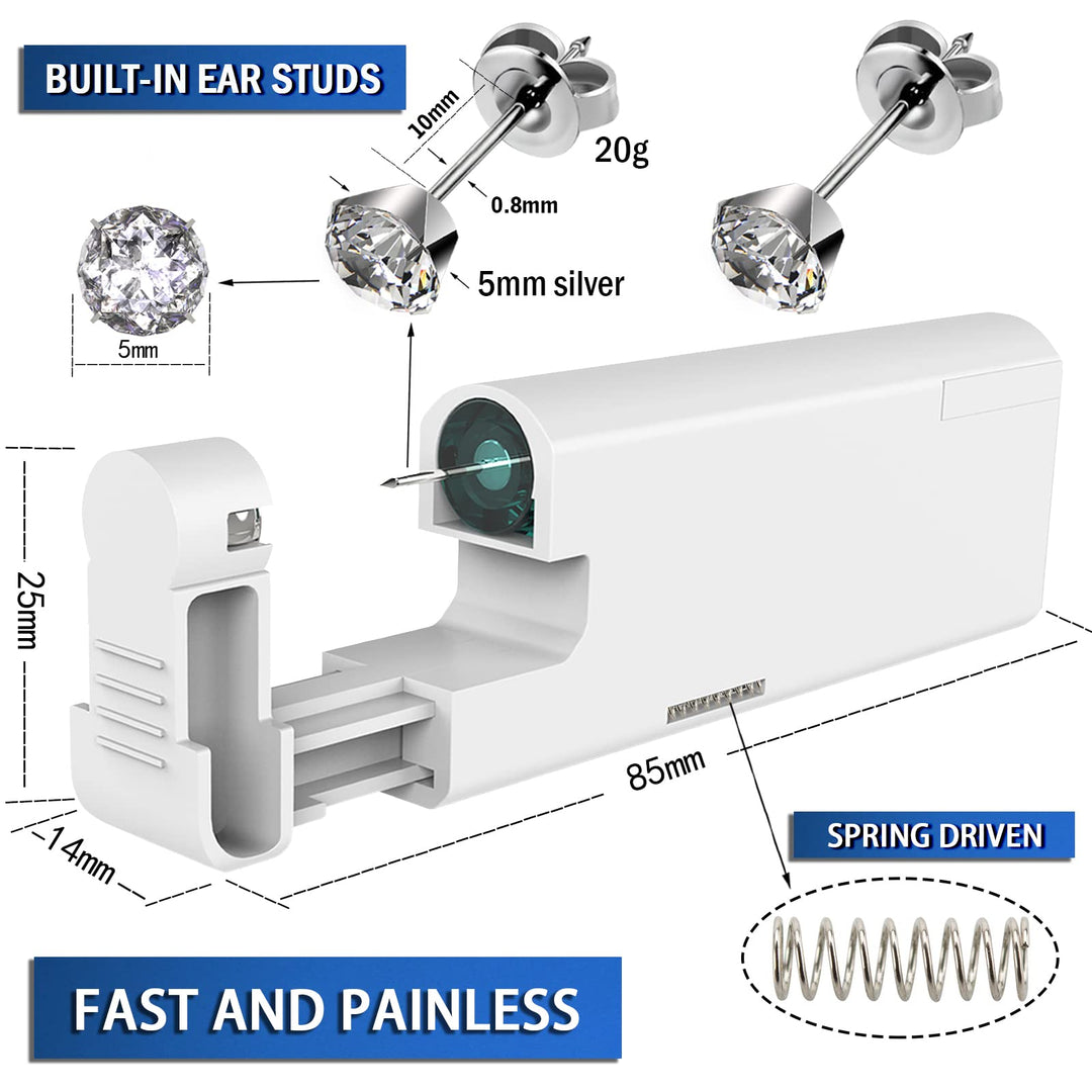 2PCS Ear Nail Gun Disposable Aseptic Household Ear Piercing Gun Portable Ear Piercing Gun Group Ear Piercing Tools (New Generation) (5mm, Silver)