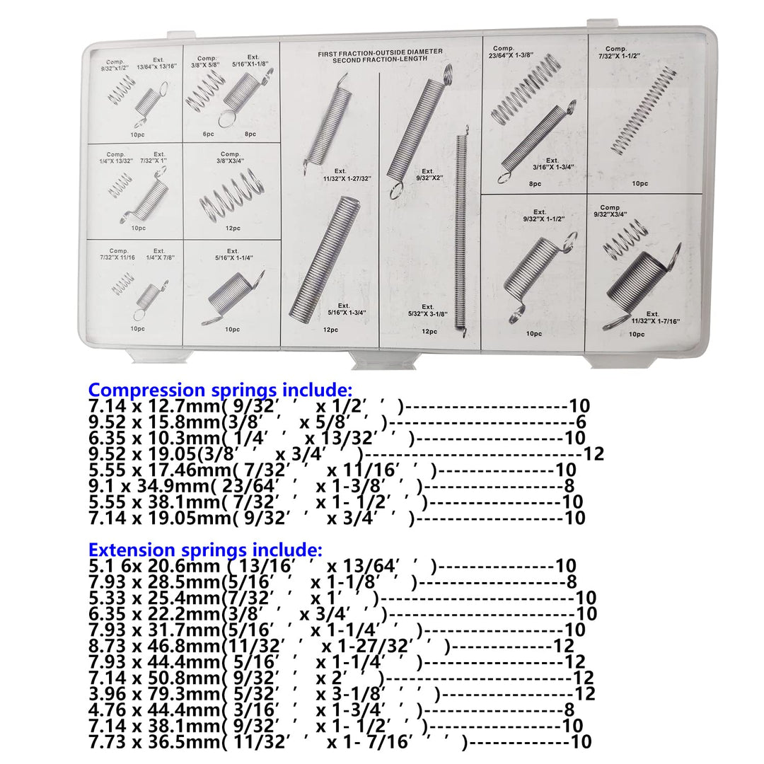 Compression & Extension Spring 200pcs Assortment Set,Metal Steel Coil Tension Springs Replacement 20 Kinds Kit 1 Box Pack