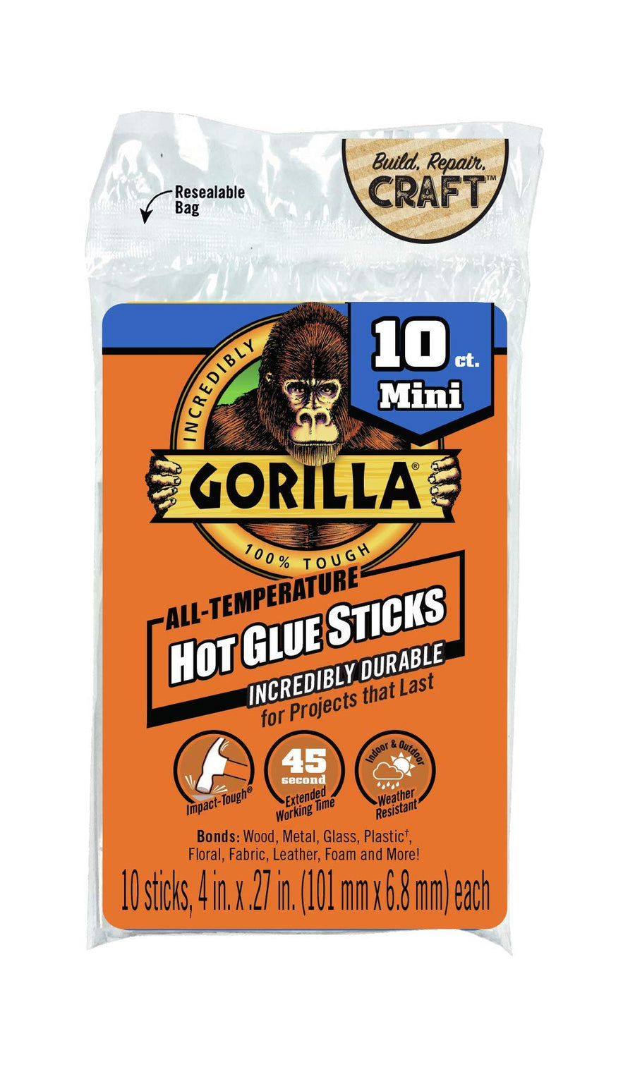 Hot Glue Sticks, Mini Size, 4 Long x .27 Diameter, 10 Count, Clear, (Pack of 1)