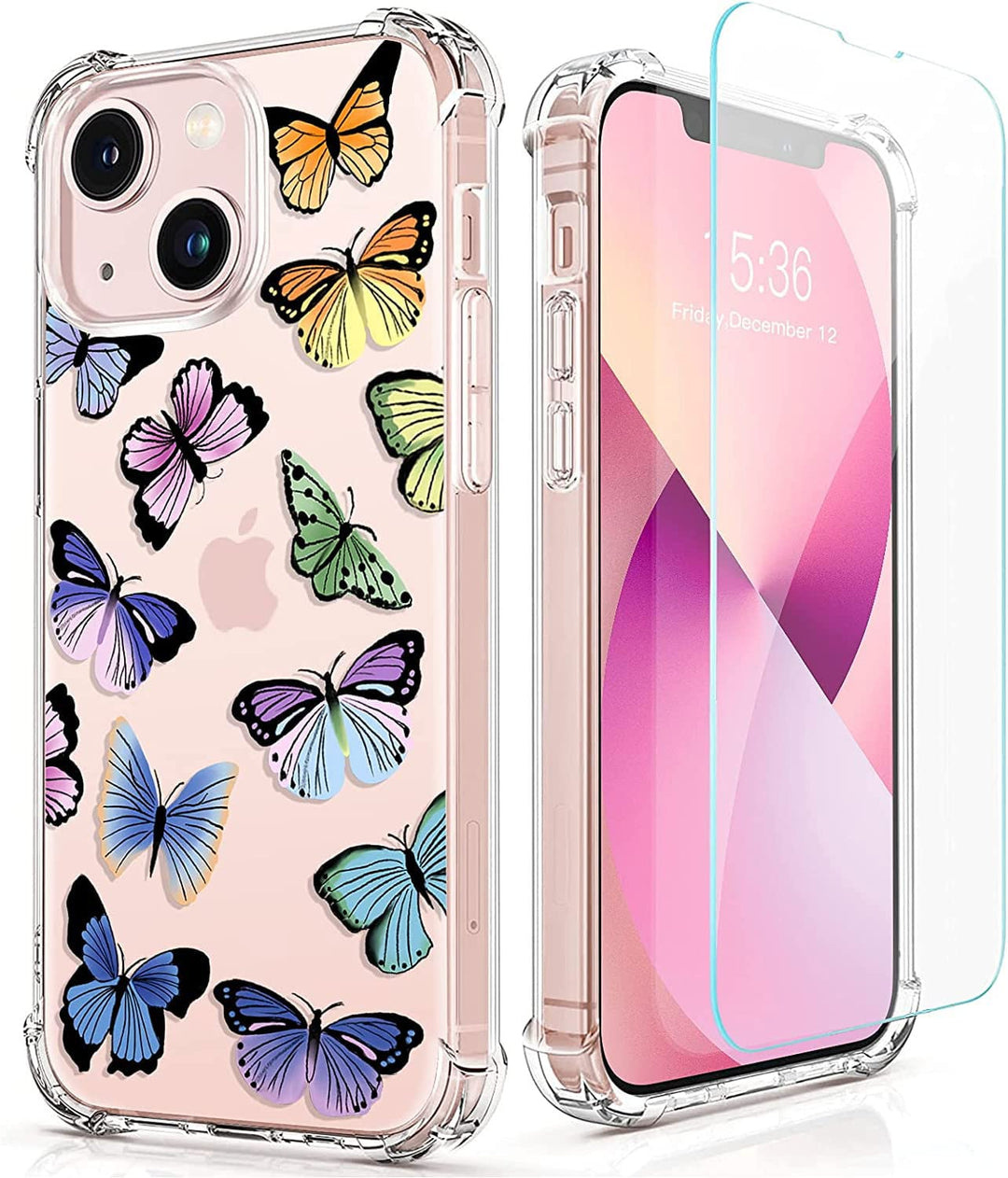 RoseParrot case for iPhone 13 with Screen Protector + Ring Holder, Clear with Floral Pattern Design, Soft&Flexible Bumper Shockproof Protective Cover (Fireflies)