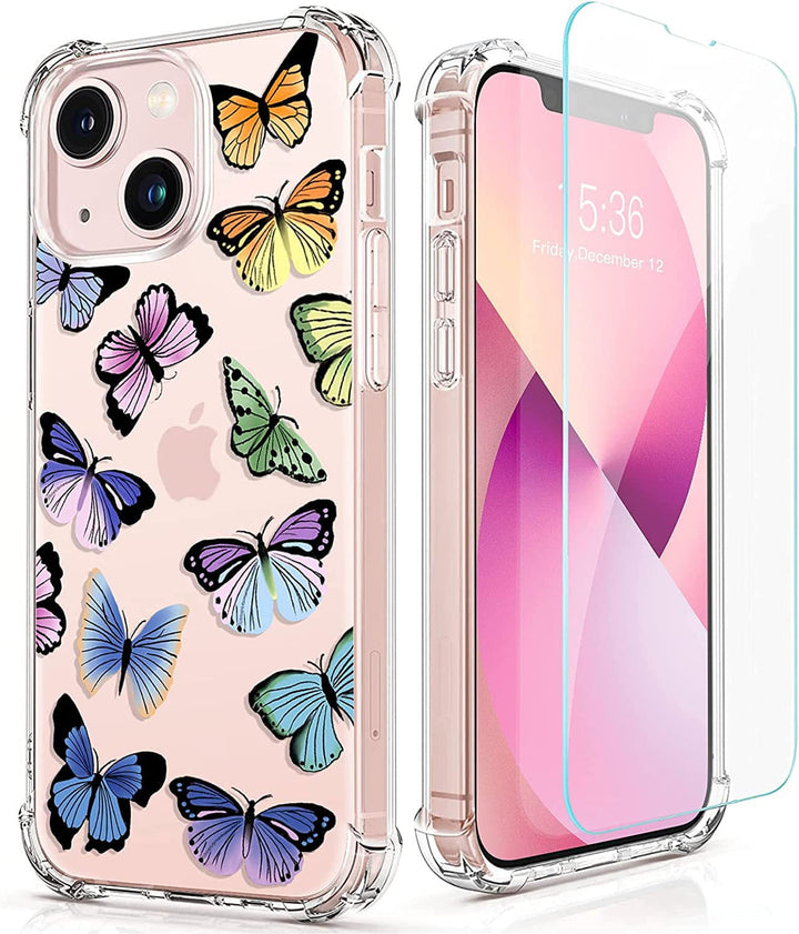 RoseParrot case for iPhone 13 with Screen Protector + Ring Holder, Clear with Floral Pattern Design, Soft&Flexible Bumper Shockproof Protective Cover (Fireflies)