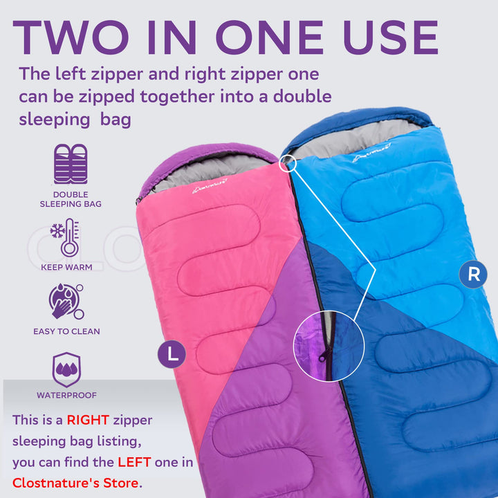 Sleeping Bag for Adults and Kids - Lightweight Camping Sleeping Bag for Girls, Boys, Youths, Ultralight Backpacking Sleeping Bag for Cold Weather - Compression Sack Included(Right Zipper)