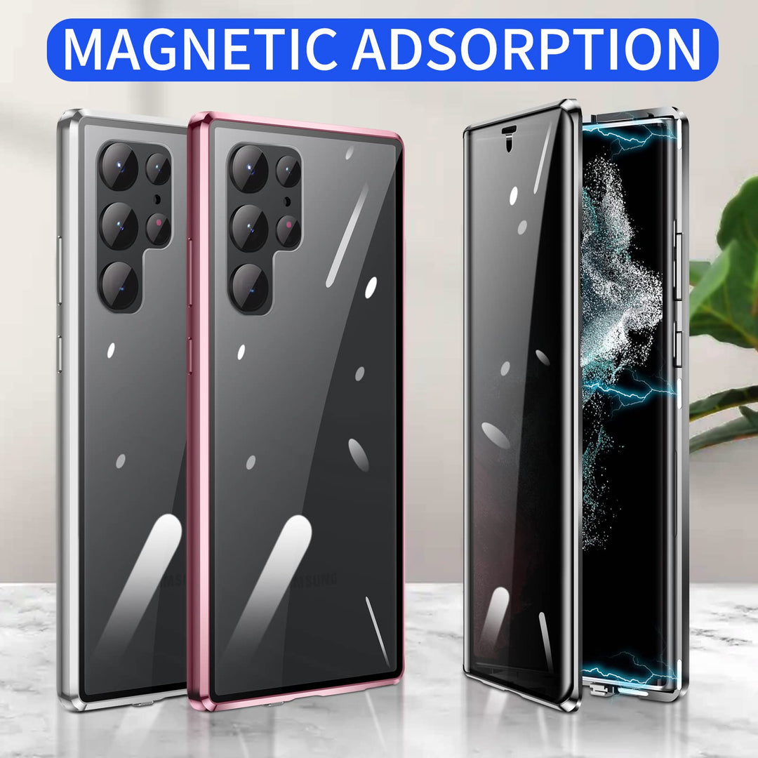 Anti Peeping Case for Samsung Galaxy S22 Ultra, 360 Degree Front and Back Privacy Tempered Glass Cover, Anti SPY Screen and Magnetic Adsorption Metal Bumper (Burgundy)