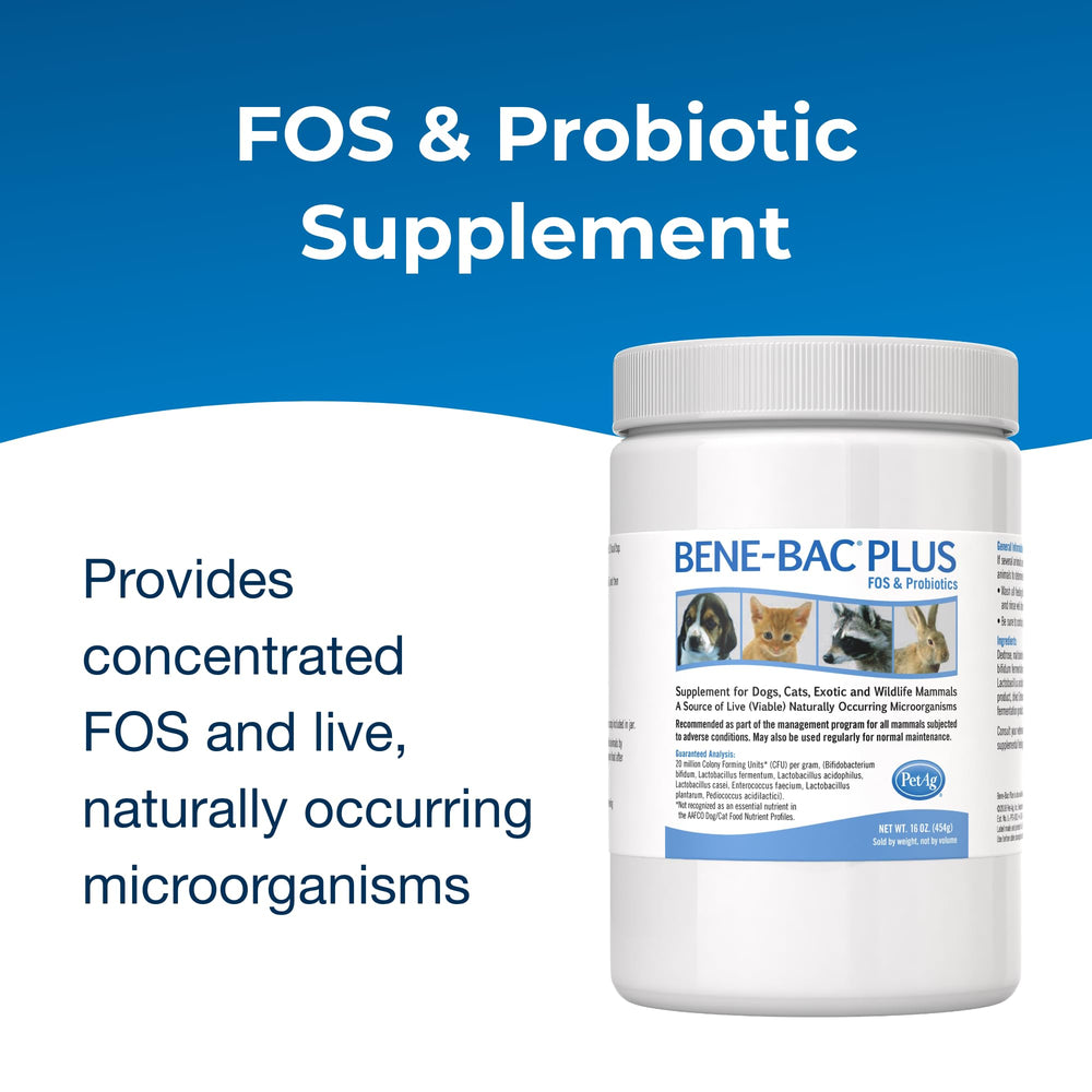 Bene-Bac Plus - 1 lb Powder - FOS & Probiotics for Dogs, Cats, Exotic & Wildlife Mammals