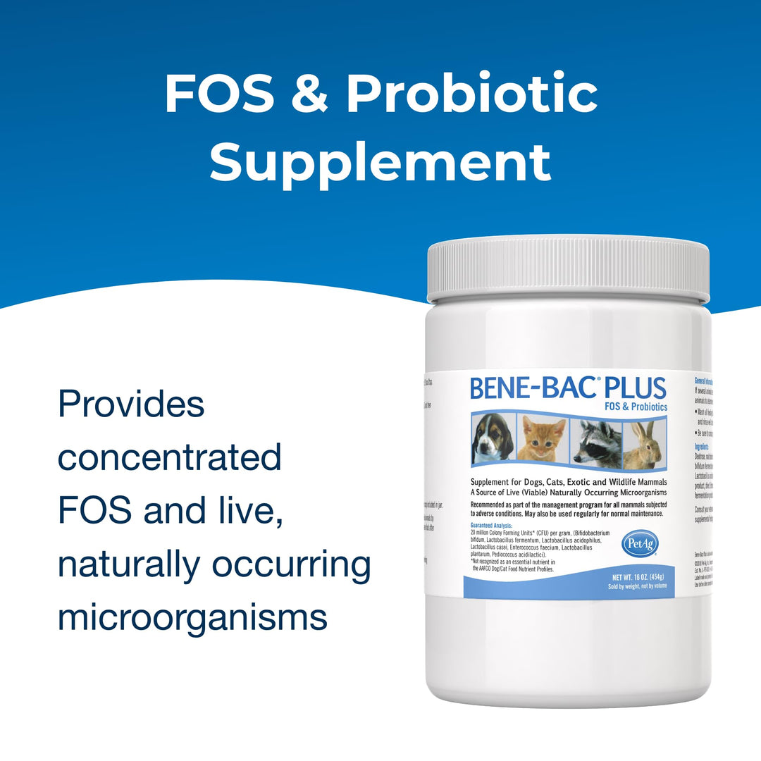 Bene-Bac Plus - 1 lb Powder - FOS & Probiotics for Dogs, Cats, Exotic & Wildlife Mammals