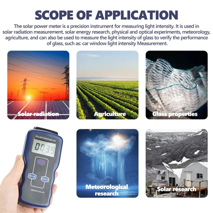 Solar Power Meter Digital Solar Power Meter Sunlight Meter Sun Light Radiation Measuring for Radiations Measuring Testing Instrument Solar Power Radiation Meter W/m²&Btu Two Units